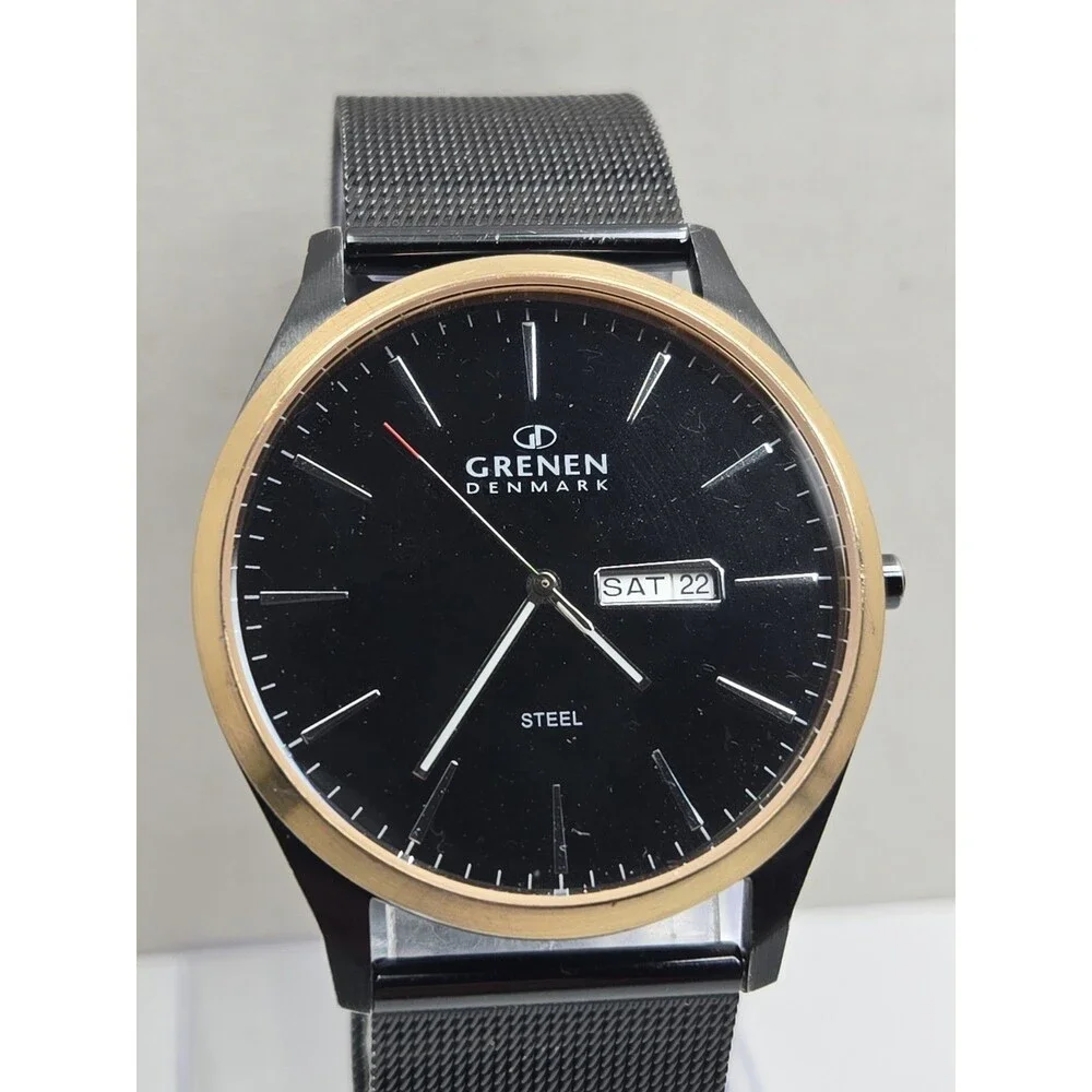 Mens Grenen by Skagen Black Gold Tone Steel Mesh 41mm Day Date Watch New Battery